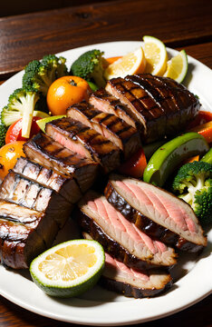 steak and grilled vegetables on a plate
