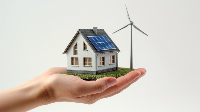 close up hand of a woman hold a mini white house ,solar panel, turbine and other. Concept green energy. Generative Ai Illustration.