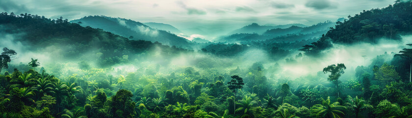 Jungle, tropical forest, morning fog, top view. - obrazy, fototapety, plakaty