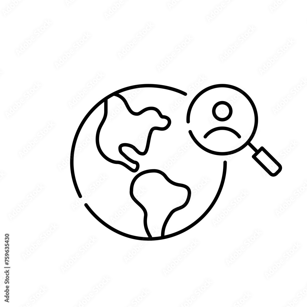 Poster earth globe, magnifying glass and user icon, exploration of user-related data on global scale. pixel