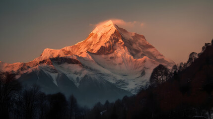 Scenic view of snow covered Annapurna mountain against sky during sunrise
