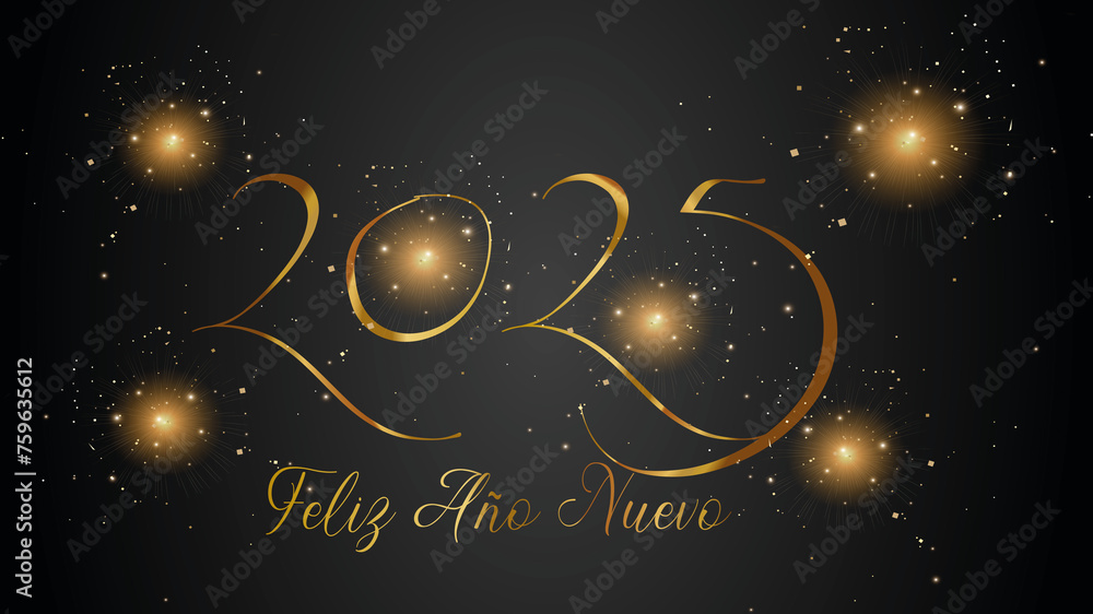 Wall mural tarjeta o pancarta para desear un feliz año nuevo 2025 en oro sobre un fondo negro degradado con est