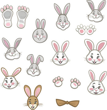 Cute Bunny Elements Cliparts Vector Set