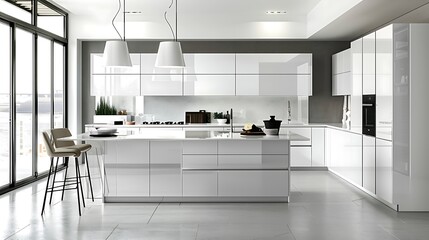 Modern style kitchen with high-gloss white cabinets paired with quartz countertops for a pristine aesthetic