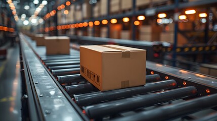 Efficient Logistics: Cardboard Package Glides on Conveyor Belt in Modern Distribution Warehouse