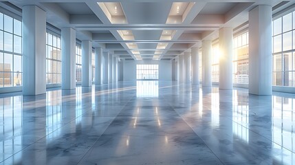 Empty Modern Office Interior Bathed in Sunlight with Reflective Marble Floors