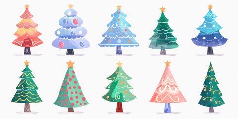 Collection of Christmas trees. Colorful illustration in flat cartoon style.