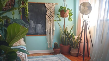 Bohemian Cozy Corner: Macrame Wall Hanging Adorns Vintage Apothecary Rack and Pastel Chalkboard Wall