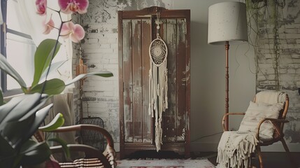Bohemian Cozy Corner A Fashionable Macrame Dreamcatcher Adorning a Vintage Wardrobe and Exotic Orchids by a Minimalist Concrete Lamp