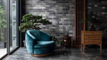 Foto op Plexiglas anti-reflex A Modern Tranquil Corner Refined Teal Velvet Armchair and Minimalist Wooden Furniture with Zen-like Bonsai Trees Arrangement © Rudsaphon