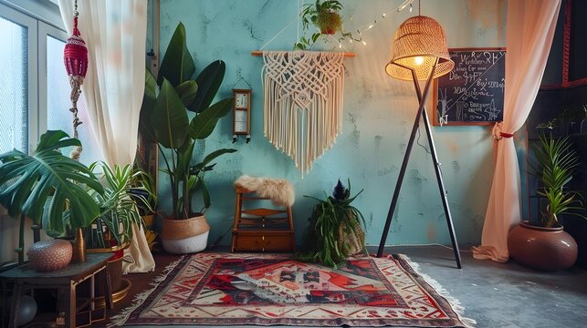 Bohemian Cozy Corner: A Stylish Macrame Wall Hanging Adorning a Chalkboard-Painted Wall with Vintage Apothecary Rack and Floor Lamp