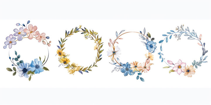 Floral Frame Collection. Set of cute retro hand drawn flowers arranged un a shape of the wreath.