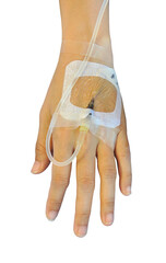 IV solution in a patients hand isolated . PNG