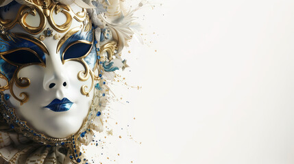 A blue and gold venetian masquerade mask on a white background. Suitable for a header or invitation with room for text, copy space.