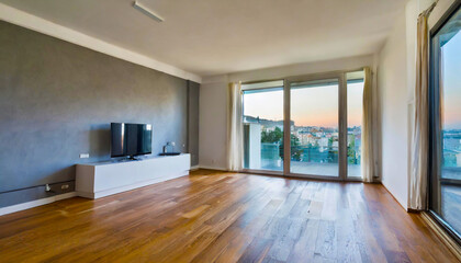 Fototapeta premium Empty living room with hardwood floor in modern apartment