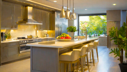Modern kitchen with cabinets at home - obrazy, fototapety, plakaty