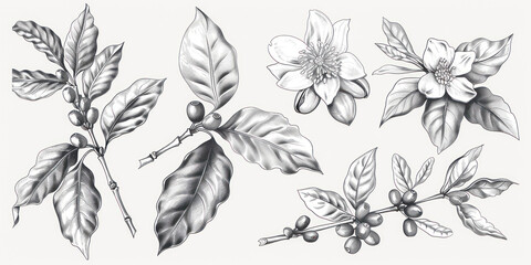 Set of coffee tree branches with flower, leaves and beans. Botanical drawing, sketch.