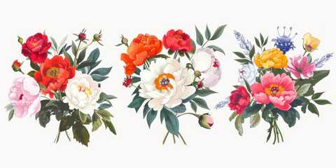 Set of vintage floral vector bouquet of peonies and garden flowers, flat style illustration.