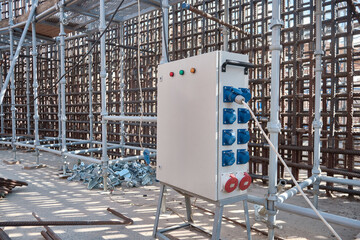 Industrial circuit breaker panel. Construction site electrical panel. Fuse box. Electrical...