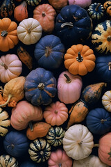 Autumn's Colorful Pumpkin Mosaic.
An array of multicolored pumpkins creates a natural mosaic, embodying the rich palette of the fall season.