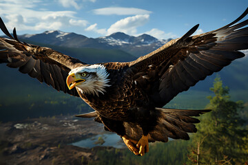 A powerful bald eagle soars with outstretched wings against a backdrop of rugged mountains,...