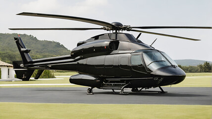 A black helicopter stands on the runway near the private house of a billionaire
