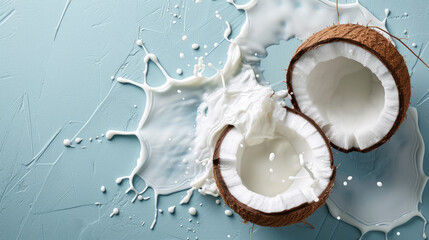 Halved coconuts with a dynamic splash of coconut milk against a refreshing blue background.