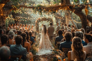 A magical outdoor wedding setup with a bride and groom exchanging vows under trees adorned with fairy lights