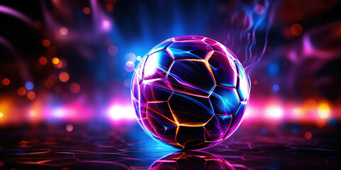 A vibrant, neon-lit soccer ball radiating energy on a dynamic, electrified background.