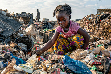Young african girl collects garbage in the trash.