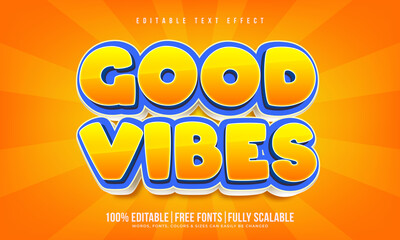 Good vibes text effect or typography design in retro cartoon style. Motivational quote art 3d rendering with sunburst and vintage background. Motivation text effect for social media business marketing