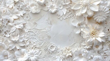 Ethereal Beauty. A Mesmerizing Array of White Flowers and Leaves Unfolding Across a Soft Grey Canvas