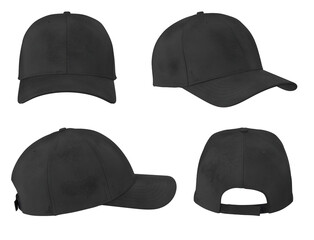 Black Baseball Cap Mockup in 4 different view- PNG Isolated Cutout with Shadow on a Transparent Background