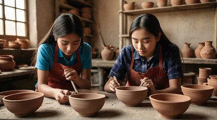 girls and mother teen potter clay bowl working in pottery workshop traditional Arts The inscription on the pottery table. Copy space image. generative.ai