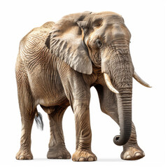 Full body image of a solitary African elephant standing, with detailed skin texture, isolated on...