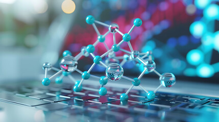 Advancements in pharmaceutical drug development depicted using a molecular model on a laptop.