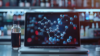 Advancements in pharmaceutical drug development depicted using a molecular model on a laptop.