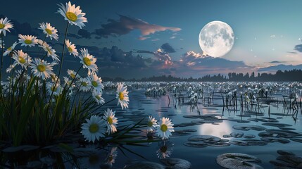 Beautiful nature scene with flowers in water and moon in the sky