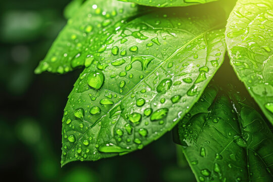 Beautiful green leaf with dew or water drops with space