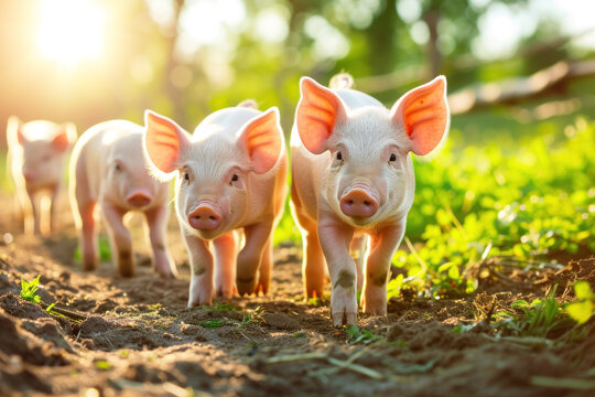 Funny little piglets walk in nature. A group of cute pink piglets in the pen with sunlight in the background