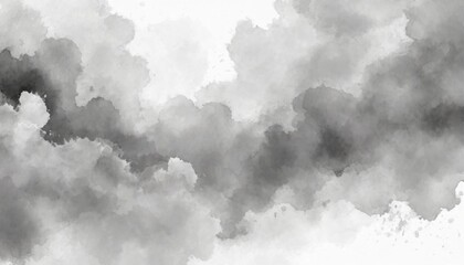 Artistic black, gray and white watercolor background with abstract cloudy sky concept. Grunge abstract paint splash artwork illustration. Beautiful abstract misty fog cloudscape wallpaper.