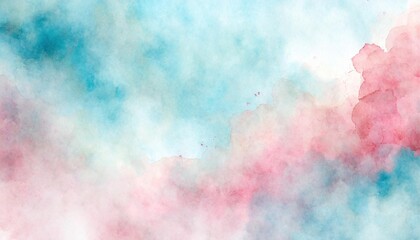 Artistic electric pink, azure and blue watercolor background with abstract cloudy sky concept. Grunge abstract paint splash artwork illustration. Beautiful abstract misty fog cloudscape wallpaper. - obrazy, fototapety, plakaty