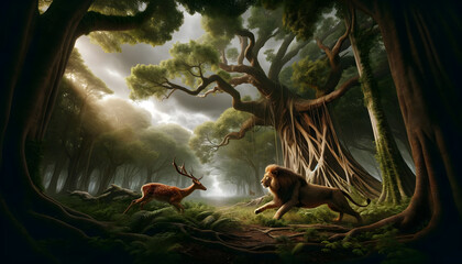Lion and a deer in the forest