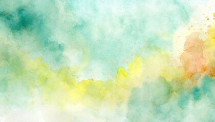 Artistic light teal, vermillion and yellow watercolor background with abstract cloudy sky concept. Grunge abstract paint splash artwork illustration. Beautiful abstract misty fog cloudscape wallpaper. - obrazy, fototapety, plakaty