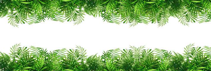 A lush border of green leaves against a white background, resembling a natural landscape with...