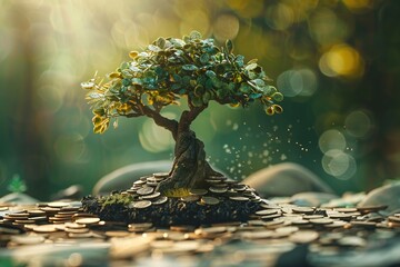 Bonsai tree growing on coins. Concept of finance and investment
