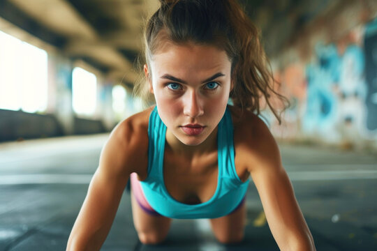 Athletic young woman doing sports or fitness doing push-ups or exercising