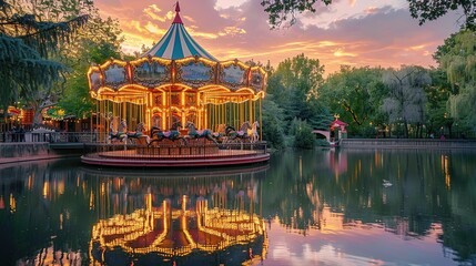 Carousel in the park at sunset, carousel on the lake with reflection in water - obrazy, fototapety, plakaty