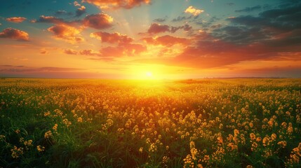 A beautiful field with blooming rapeseed at sunset. There are rapeseed flowers below and green grass on top of the sun