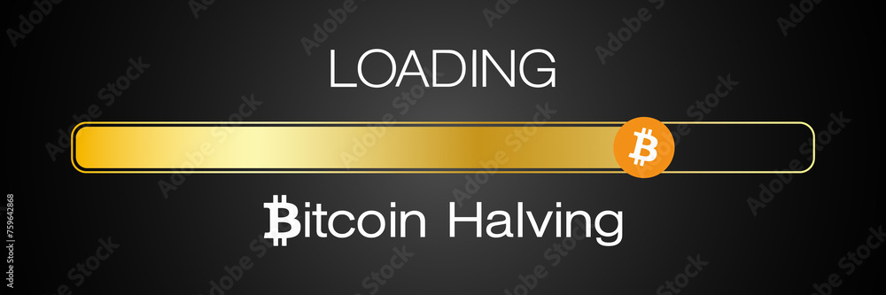 Poster illustration of a loading bar for bitcoin halving. reward for bitcoin cryptocurrency mining is cut i